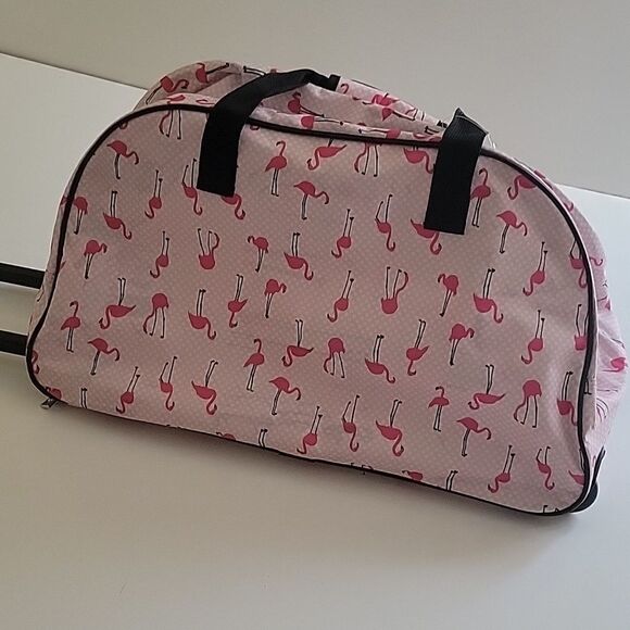 $160 LARGE NEW BETSEY JOHNSON PINK FLAMINGO CARRYON ROLLING TRAVEL BAG BLACK NWT - Picture 12 of 14